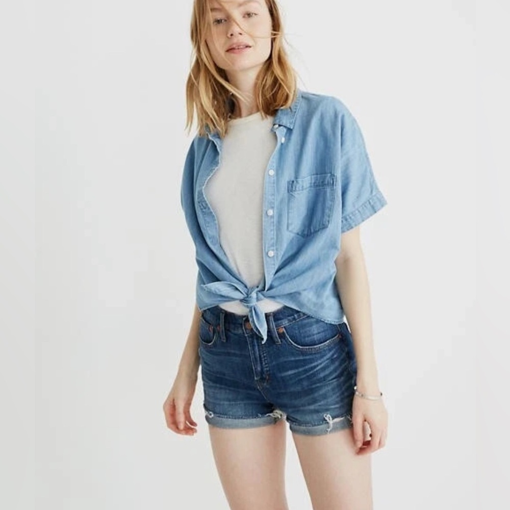 MADEWELL Shorts 31 HIGH RISE DENIM Raw Hem Cut-Offs GLENOAKS Blue Stretch 4" NWT